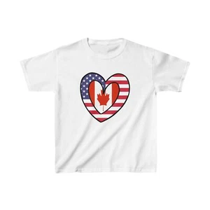 Kids Canadian American Heart Day Gift Half Canada USA Flag T-Shirt | Unisex - Picture 1 of 5