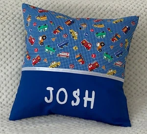 CHILDS / BOYS / PERSONALISED NAME CUSHION COVER / KINDY PILLOW - Vehicles Blue - Picture 1 of 3