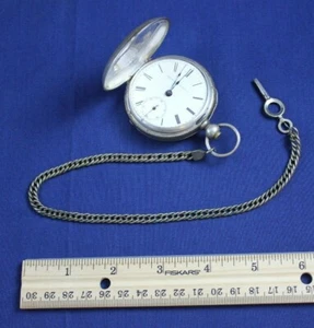 Antique Pocket Watch 18S Coin Silver Elgin Fahy 7J Triple Hunter 1887 Chain RUNS - Picture 1 of 12