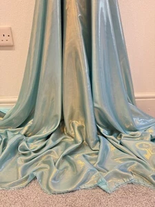 1 MTR Sky blue/Gold Wet Look Shimmer Satin Fabric Bridal Dress Evening 58” Wide - Picture 1 of 9