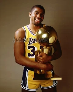 NBA Los Angeles Lakers Magic Johnson & NBA Trophy  Color  8 X 10 Photo Pic - Picture 1 of 1