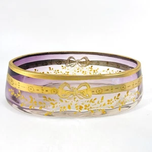 Antike böhmische Moser Glas lila getönt handbemalt Emaille Band ovale Schale - Bild 1 von 10