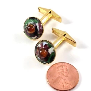 Vintage Manschettenknöpfe Gold Grün und Rost Emaille Bunt Stilvoll Rund - Bild 1 von 5