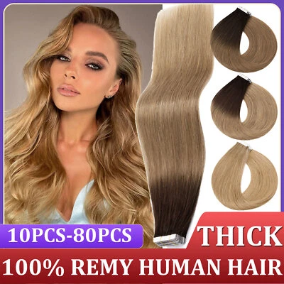 10 pezzi nastro in russo Remy estensioni capelli umani spessi trama pelle dritta #ombre - Immagine 1 di 4