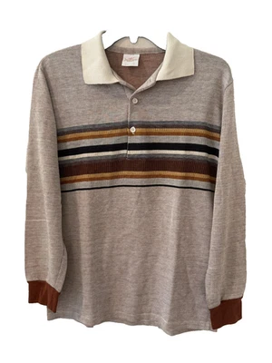 Vintage 70's Jantzen Men's Long Sleeve Knit Polo Shirt M USA Retro Striped - Image 1 of 4