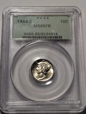1944-S San Francisco Mercury Silver Dime PCGS MS65 FB Old Green Holder OGH - Image 1 of 3