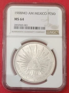 1908-Mo Mexican 1 Peso, Mexico City Mint, NGC MS-64 - Picture 1 of 4