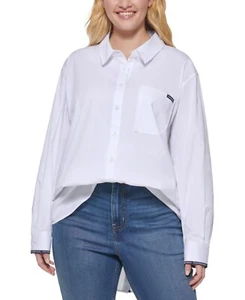 Calvin Klein Jeans Women's Plus White Trendy Logo-Tape Shirt Button up size 1X - Picture 1 of 3