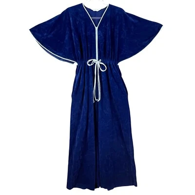 De Colección Vanity Fair Bata Azul Marino Terciopelo Abrigo Kimono S/S Bolsillos con Cremallera Cintura Elástica Foto 1 de 4
