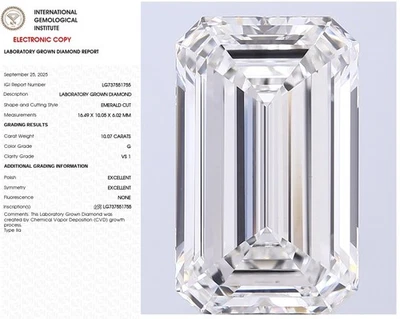 10.07 Emerald Lab Grown Diamond For Engagement Ring IGI Certified G VS1 - Image 1 of 4