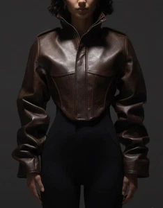 High Collar Women’s Cropped Cow Leather Jacket – Brown - Picture 1 of 6