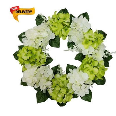 Mainstays 17in Indoor Artificial Hydrangea Wreath, Green Color. Made Free Ship - Image 1 of 4