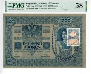 Yugoslavia 1000 Kronen O/P Austria Provisional Banknote 1902 PMG 58 CHOICE AU - Picture 1 of 5