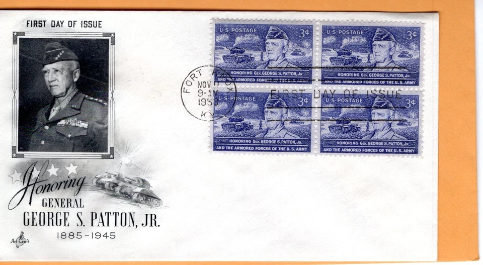 1953 #1026 GENERAL PATTON BLOCK OF 4 FDC W/ ART CRAFT CACHET UA GEM! - Image 1 of 1