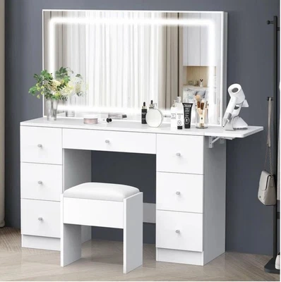 LED Makeup Vanity Desk with Mirror Stool Set 7 Drawers Dressing Table White￼ - image 1 of 4