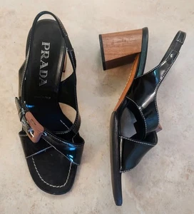 Prada Designer Patent Leather Wood Heel Shoes Italy - Picture 1 of 13