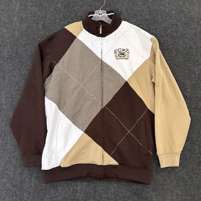 Chaqueta Ecko Unlimited Para Hombre XL Marrón Tostado Blanco Retazos Argyle Cremallera Completa Pista Foto 1 de 4