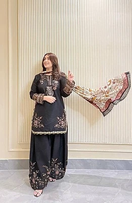Latest New Maska Cotton Black Top Palazzo With Dupatta For Reception Wear - Image 1 of 4