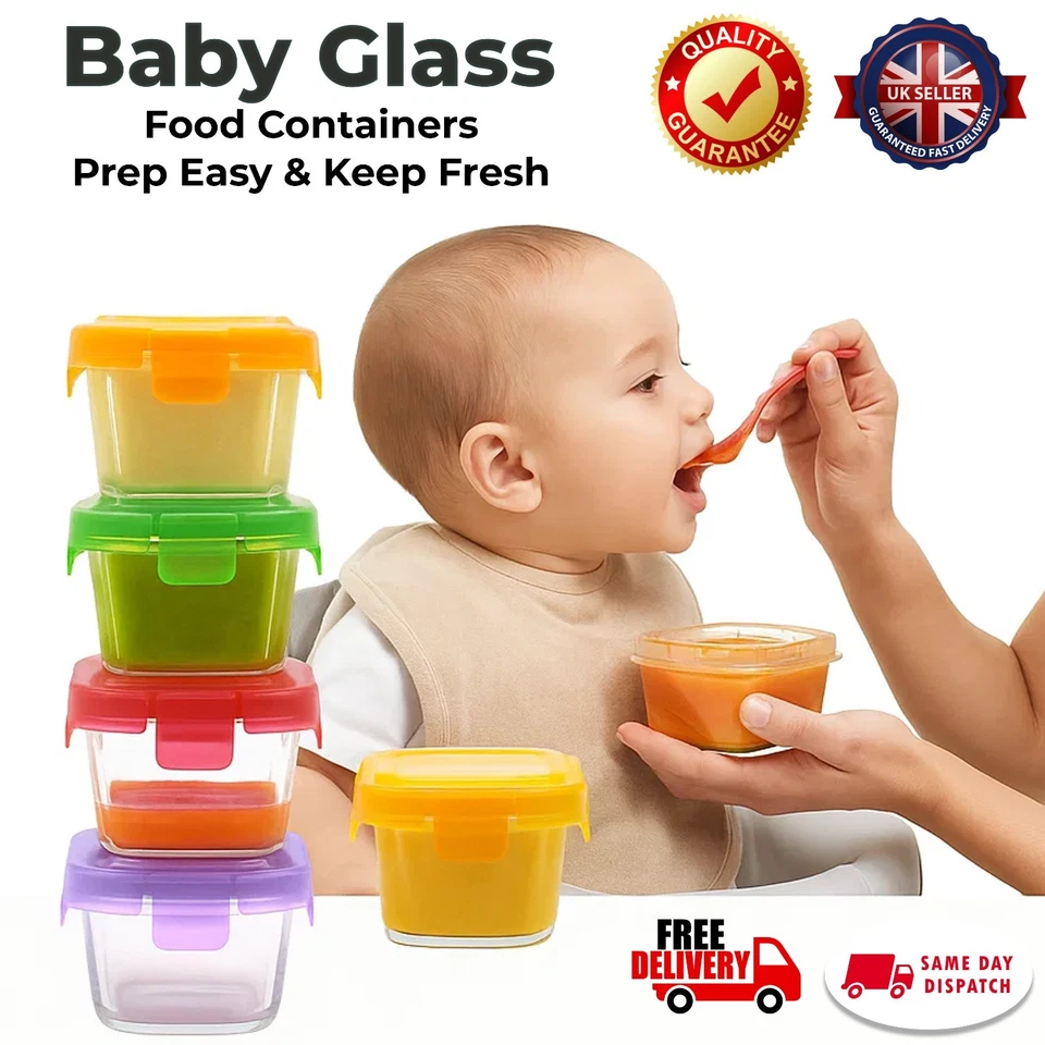 Baby Glass Food Storage Containers Leakproof BPA Free Multicolour Weaning Pots - Image 1 of 1