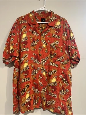 Винтажная гавайская рубашка Guess мужская большая L Tiki красная на пуговицах лагерь пляж 90-е - Изображение 1 из 3