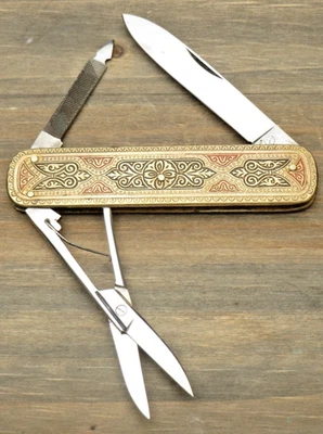 Vintage BIG HORN ITALY STAINLESS Lobster Penknife - Patterned Brass Handles - Image 1 of 4