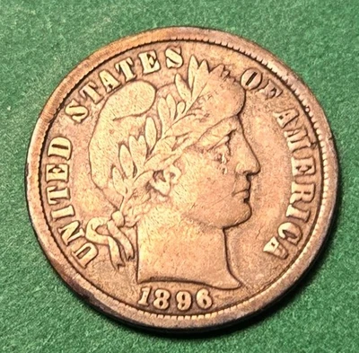 Moneda de diez centavos de barbero 1896 O con fecha clave de libertad Foto 1 de 2