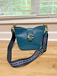 Borsa a secchiello Coach Tali in pelle blu acqua CA112 - Foto 1 di 15