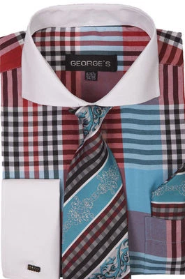 Nueva camisa de vestir para hombre diseño a cuadros puño francés cuello extendido corbata y pañuelo A626 Foto 1 de 4