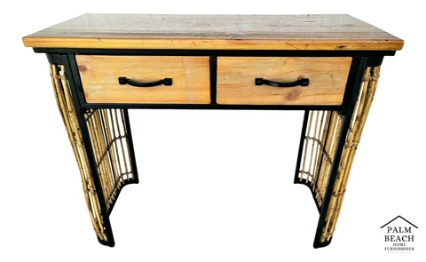 MCM Bamboo Rattan Wood and Wrought Iron 2 Drawer Console Sofa Table Cover