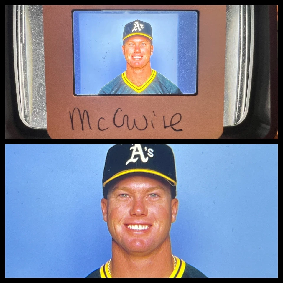 Diapositiva fotográfica de 35 mm vintage 86-87 emitida por el equipo de los Atléticos de Oakland emitida por Mark McGwire Foto 1 de 4