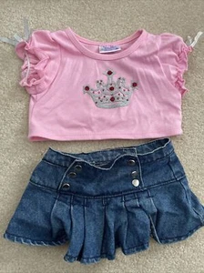 Build a Bear Pink Top/Shirt Silver Glitter Crown/Pink Rhinestones & Denim Skirt - Picture 1 of 3