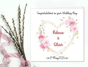 Personalised WEDDING DAY CARD Marriage Anniversary Congratulations Heart Card - Picture 1 of 4