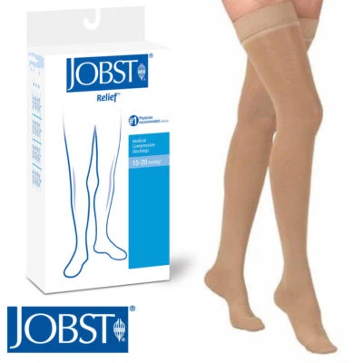 Meias de compressão Jobst Relief coxa 15-20 mmHg suporta silicone biqueira fechada - Imagem 1 de 4