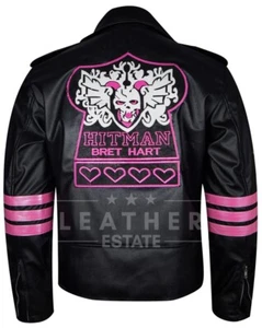 Hitman Bret Hart Black Leather WWE Wrestler Jacket For Mens - BIG SALE - Picture 1 of 5