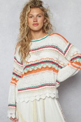 POL Clothing Crochet Open-Stitch Scallop Hem Sweater Women's Top - Image 1 of 4