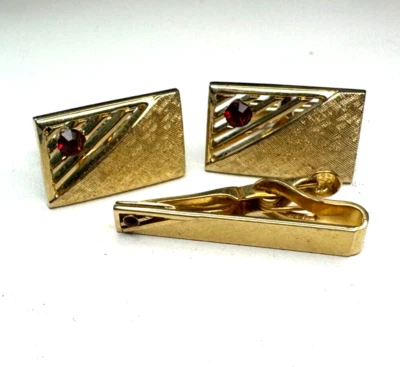 Vintage SWANK set of Cufflinks & Tie Gather, matching inlaid red garnet or ruby - Image 1 of 4