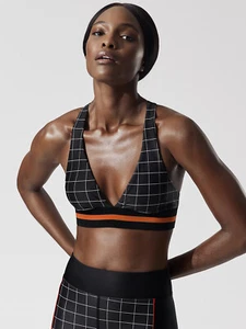 PE Nation The Wicket Keeper Crop Plunge Sport Bra Black White Orange ( M ) - Picture 1 of 4