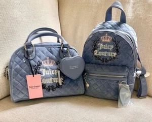 Juicy Couture Velour Slate Blue Quilted Royal Moment Bowler Bag & Backpack - Picture 1 of 11