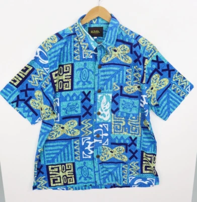 Vintage 90's Y2K Von Dutch Blue Hawaiian Print Tiki Camp Shirt Size L Bark Cloth - Image 1 of 4