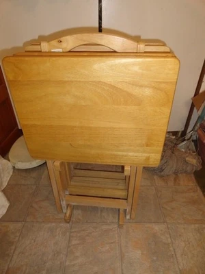 VTG Set of 4 Hardwood Folding TV Tray Tables with Rack - Image 1 of 4