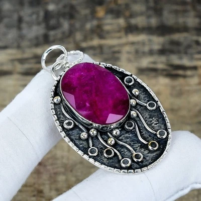 Kashmir Ruby Lab-Created Gemstone Pendant 925 Sterling Silver Jewelry Love Gift - Image 1 of 4