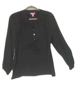 Lilly Pulitzer Bluse Elsa Seide schwarz Langarm V-Ausschnitt kleiner Goldknopf - Bild 1 von 16