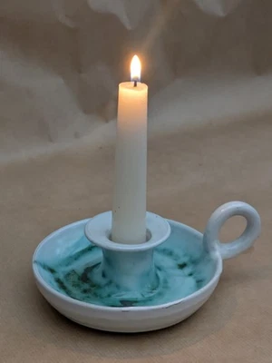 Studio Pottery White and Turquoise Oxide Candle Stick Holder - Image 1 of 4