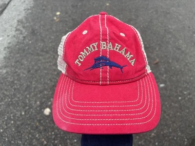 Tommy Bahama Hat Red Beige Snap Back Baseball Trucker Cap Mesh Marlin Fishing - Image 1 of 4