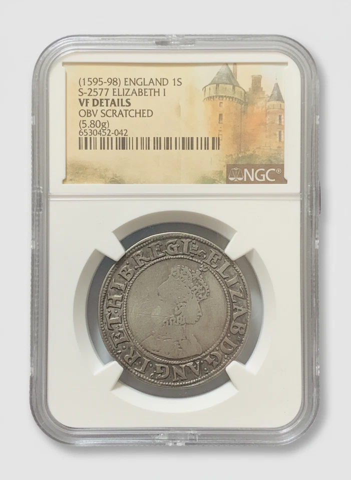 1595-1598 Inglaterra 1 xelim S-2577 Elizabeth I NGC MUITO BOM ESTADO detalhes OVB arranhado - Imagem 1 de 2