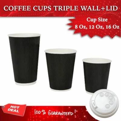 Triple Wall Coffee Cups Disposable 50,100,250,500,1000 Cups + Lid  - image 1 of 3