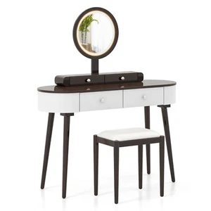 Solid Wood Makeup Vanity Desk Set w/LED Lighted Mirror, Drawers, Cushioned Stool - Picture 1 of 40
