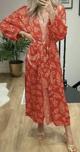 Zara Hanoi Orange Gold Satin Printed Floral Leaf Belted Duster Kimono Dress M❤️ - Picture 1 of 6