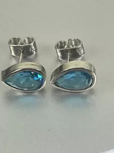 Sterling Silver Blue Topaz Stud Tear Drop Earrings Handcrafted in Brazil New - Picture 1 of 9