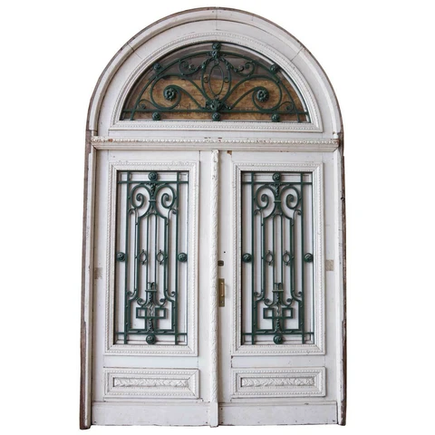 Antique Argentine Beaux Arts Painted Mahogany & Iron Large Double Door & Transom Cover